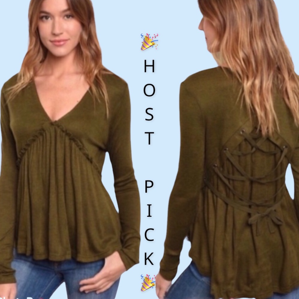 ❌DONATED❌Olive Green Babydoll V-neck Tie Detailed Soft Knit Top - Picture 1 of 10